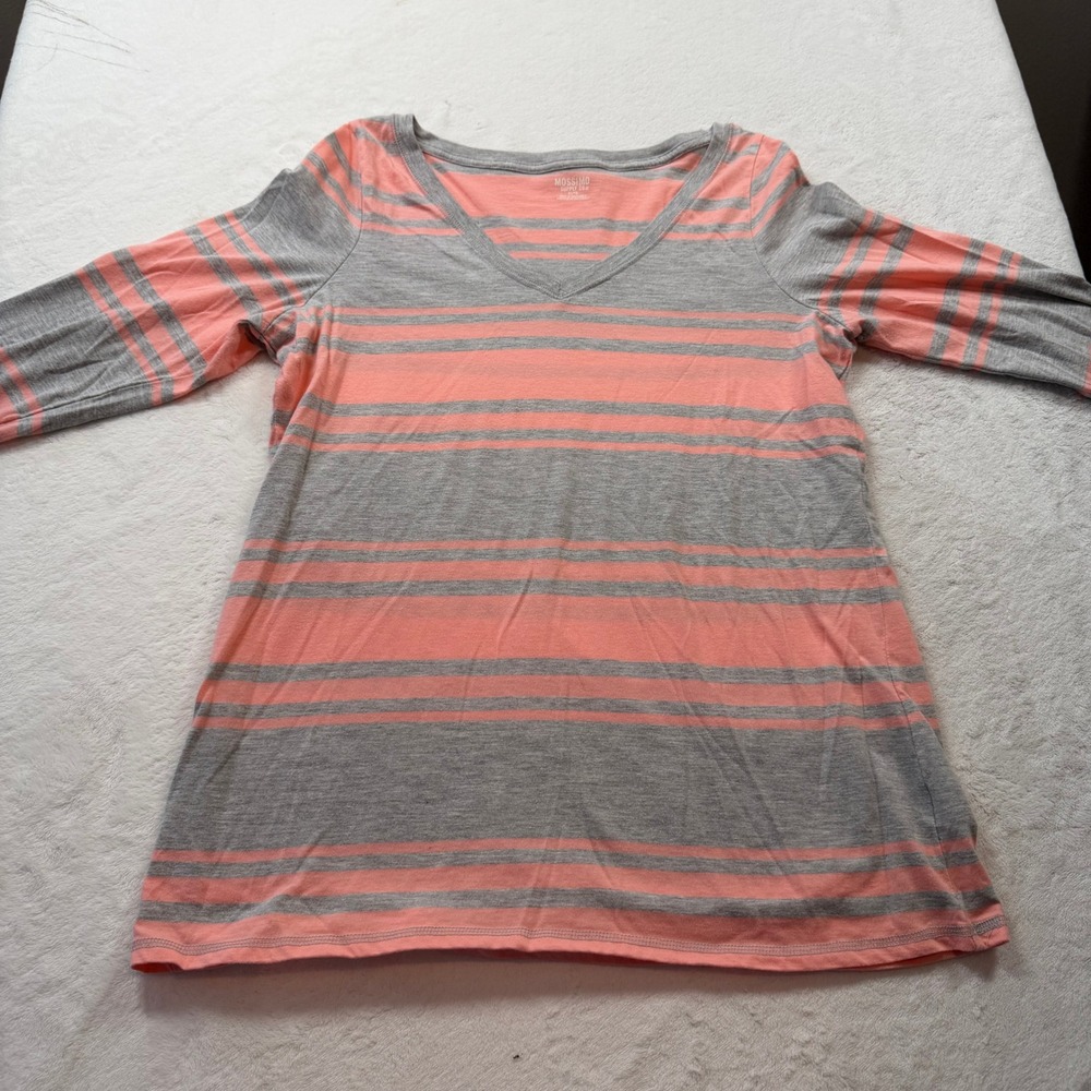 Mossimo Supply Co V-Neck Top Womens XL Pink Grey Good Striped Long Sleeve